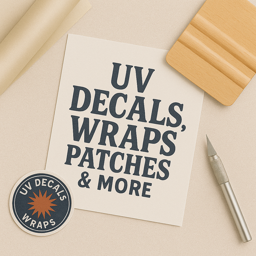 UV DECALS, TUMBLER & CUP WRAPS, PATCHES and MORE